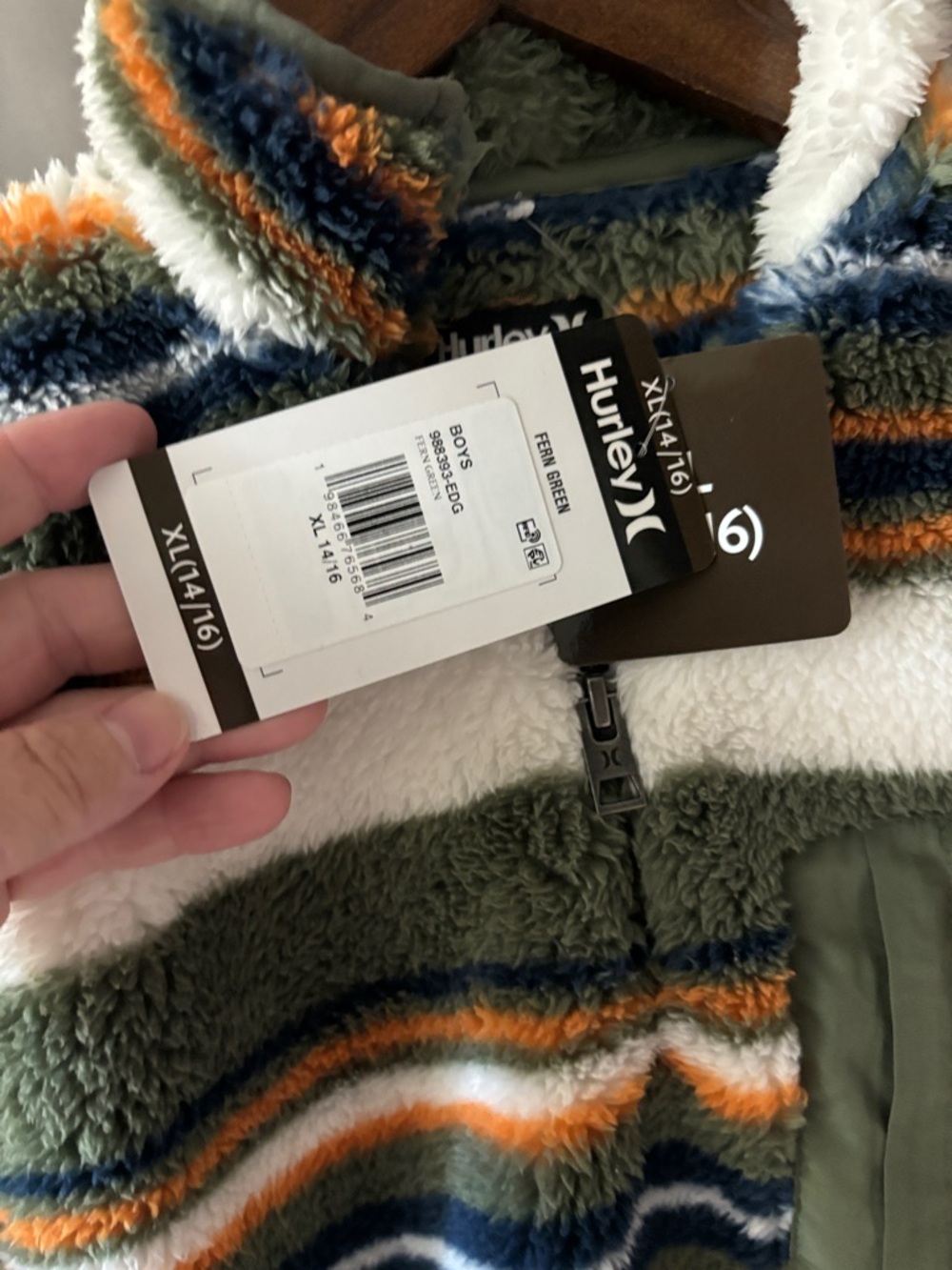 Hurley Boys Striped Sherpa Quarter-Zip Pullover - Olive, Navy, White, Orange - Picture 5 of 5